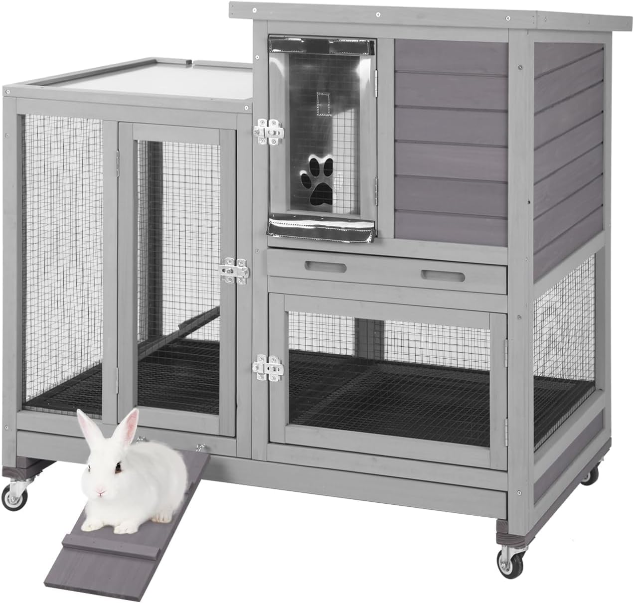 Wooden Rabbit Hutch Guinea Pig Hutch, Bunny Cag Indoor Bunny Hutch with Run Outdoor Rabbit House in Asphalt Roof Small Animal House