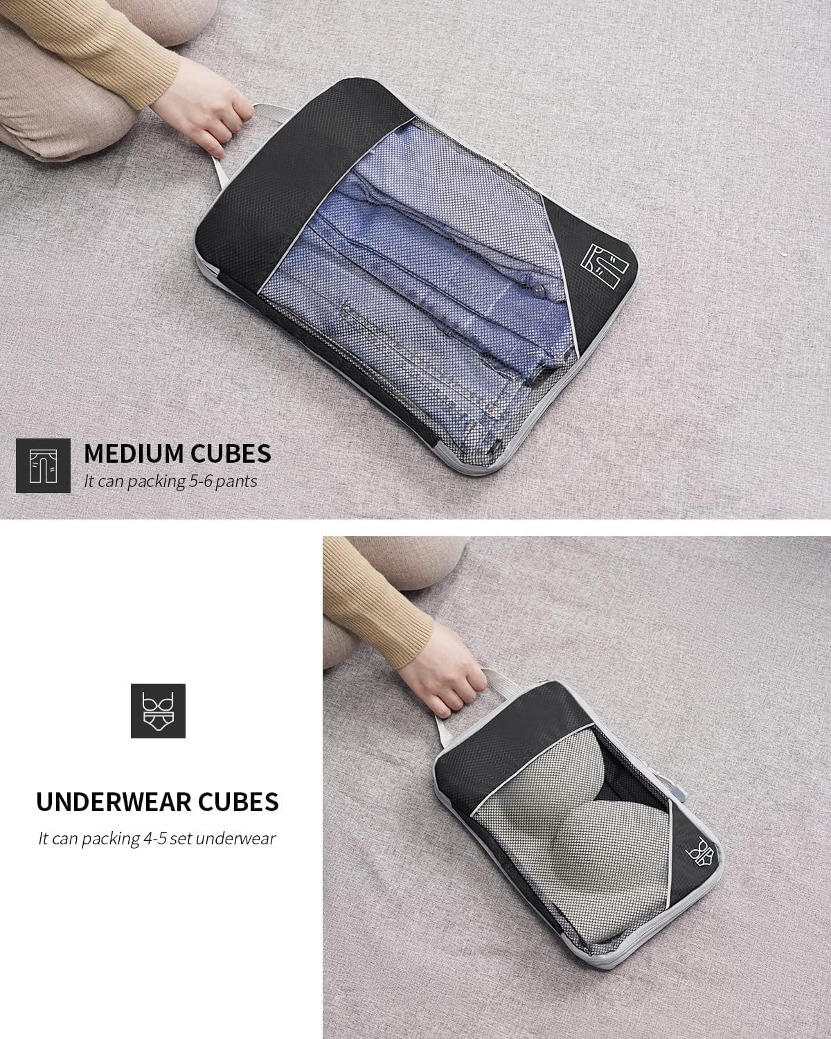 Compression Packing Cubes, Set of 9 Areaphmet Travel Packing Organisers Packing Cubes Set Compression Bags for Travel Luggage Organizers for Suitcases Travel Accessories (Black 9Pcs) - 7Pcs-Animal image number 3