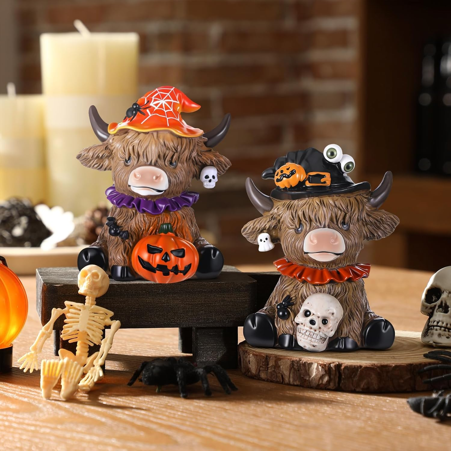 Highland Cow Halloween Decor - Unique Figurine with Pumpkin, Skull & Spider, Ideal for Indoor Home Garden Kitchen Office Table image number 1