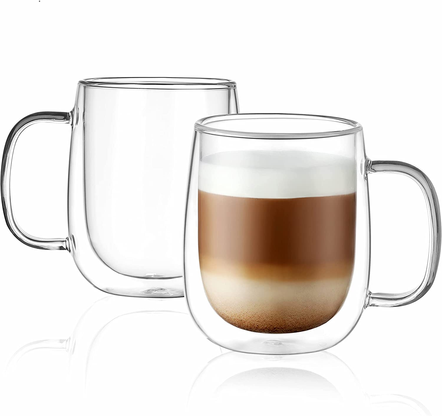 CNGLASS Glass Coffee Mugs (355Ml) 12Oz,Double Wall Insulated Mug Set with Handle,Clear Glass Espresso Mugs for Latte,Cappuccino,Tea Bag,Hot and Cold Beverages,Set of 2