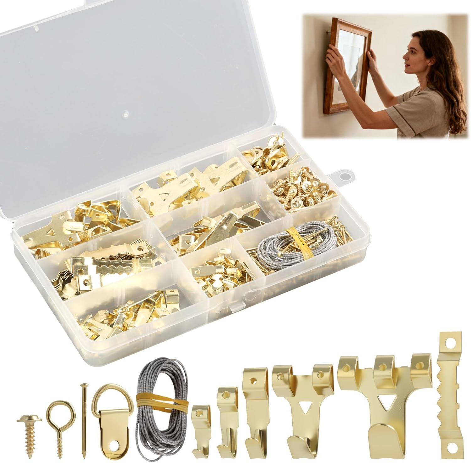 282 Pcs Picture Hooks Set, Picture Hanging Kit with Heavy Duty Frame Hooks, Nails, D-Ring, Sawtooth Hardware, Gold Metal Picture Hanger Assortment for Frames Mounting image number 1