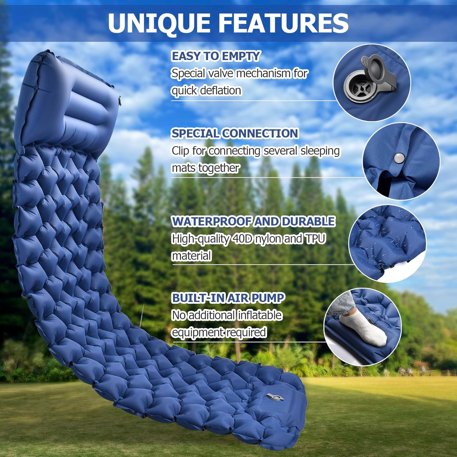 Amtake Camping Sleeping Pad, Self-Inflating Camping Mattress Sleeping Mat,10 Cm High Air Mattress with Built-In Foot Pump, Lightweight Inflatable for Traveling, Hiking and Outdoor (Blue) - Blue image number 6