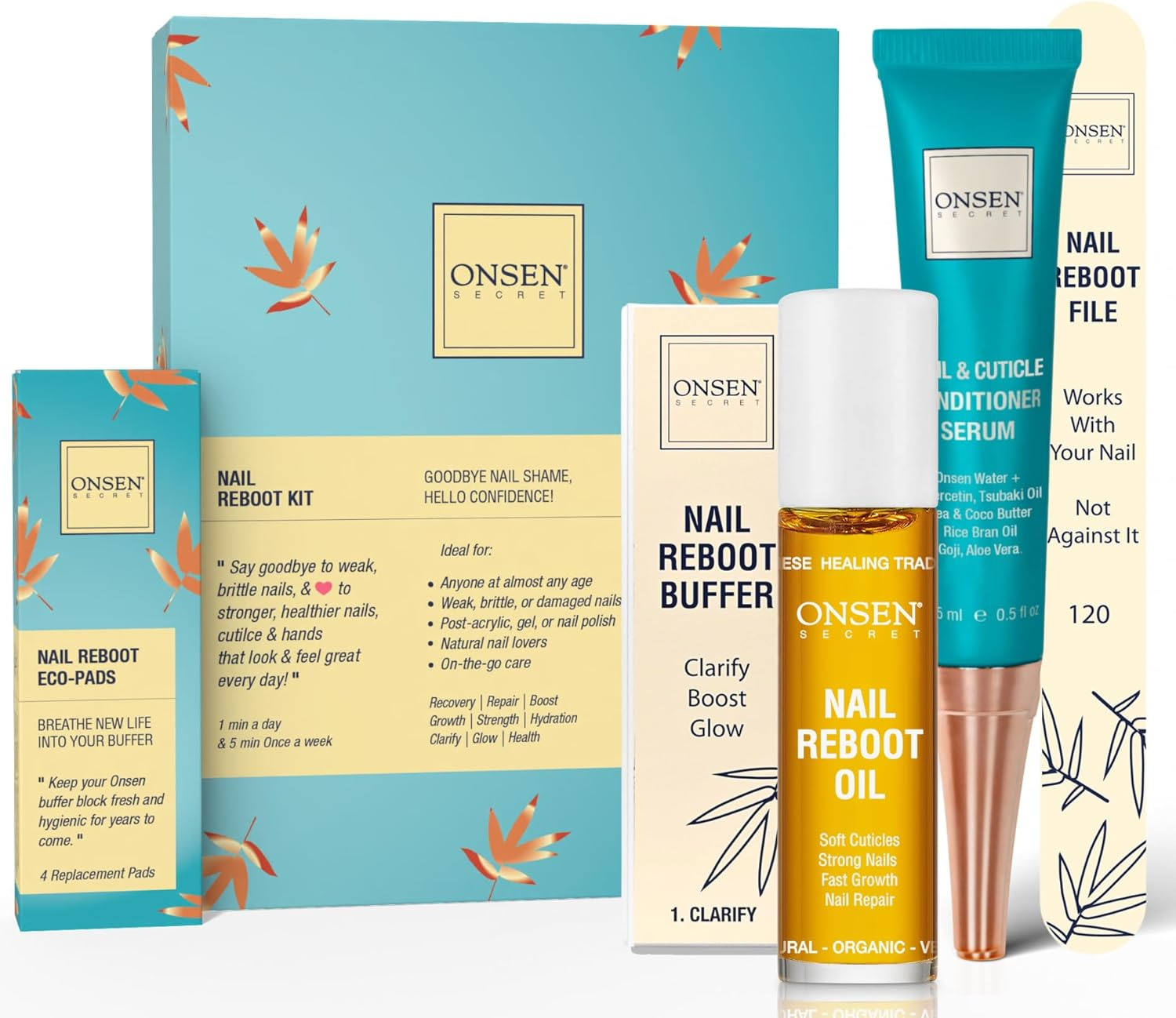 Onsen Secret Complete Nail Reboot Kit W/Nail Reboot Oil 10Ml, Nail File 120/180 Grit Double Sided, a 3-Way Nail Buffer Block & Cuticle Serum-15Ml W/Cuticle Oil in Action-Super Value Pack image number 6