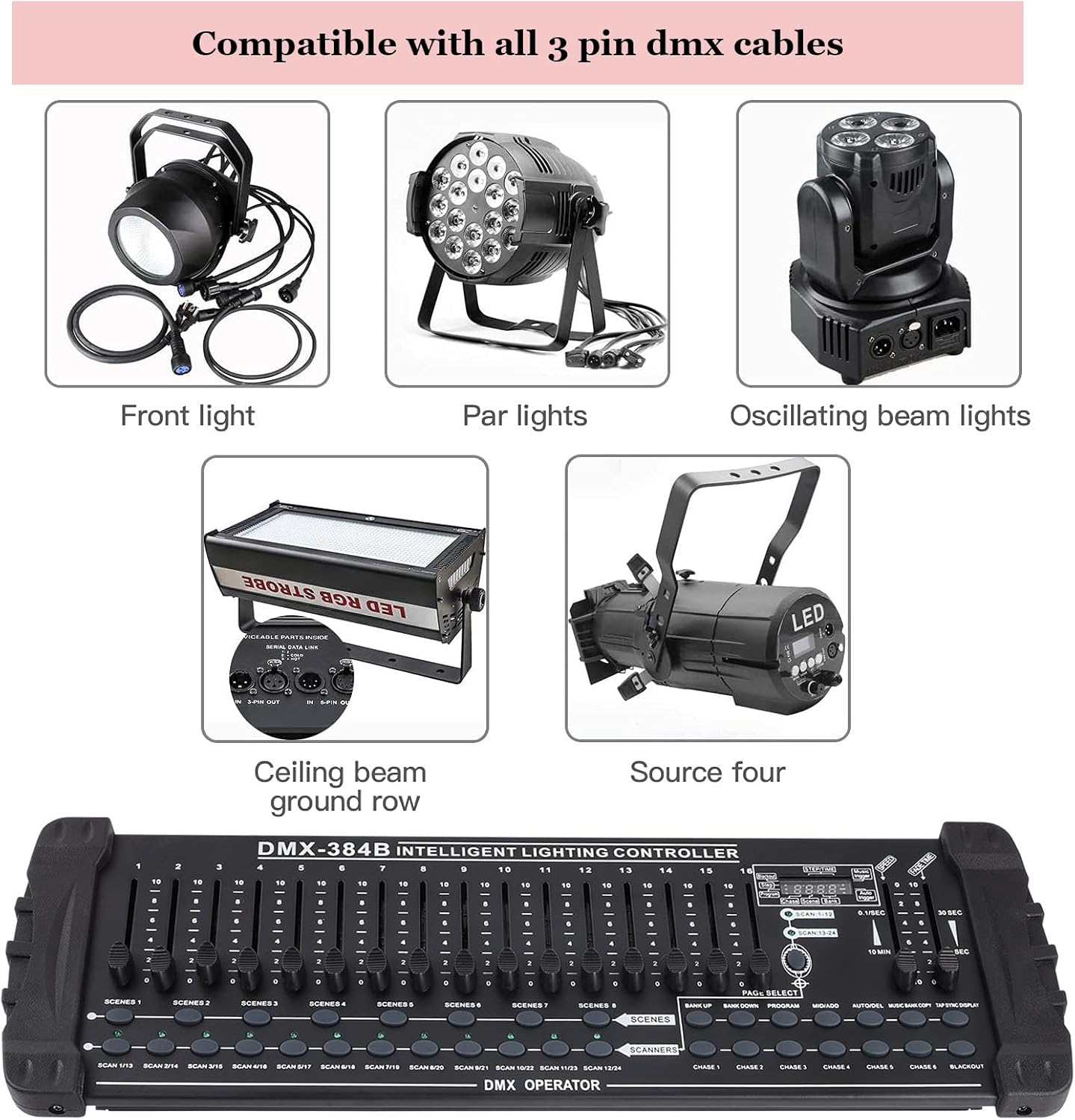 DMX 384 A/B Console, DMX-512 DJ Controller - Control of 24 Devices with 16 DMX Channels, LED Digital Display, Programmable, Built-In Amplifier, for Professional Dj,Bar, Stage Club,Black image number 4