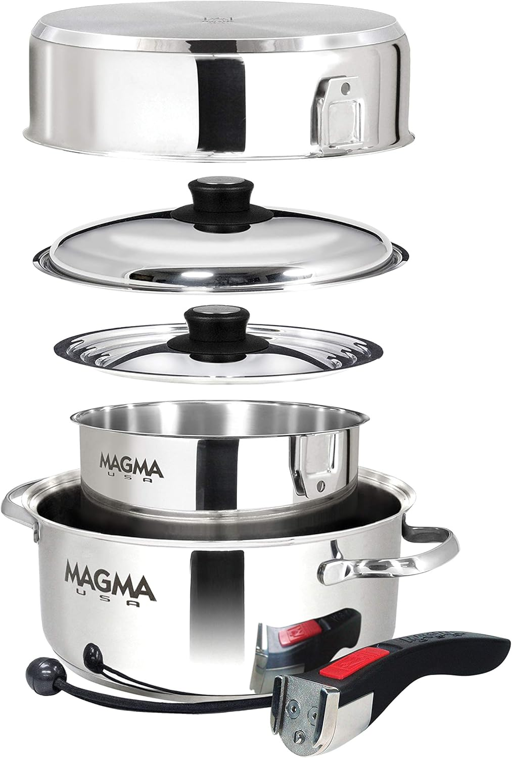 Magma 7 Piece Gourmet Nesting Stainless Steel Cookware Set with Ceramica Non-Stick, Induction Compatible, Oven Safe to 500&deg;F - Suitable for All Stovetops, Removable Handles, Stainless Steel image number 1