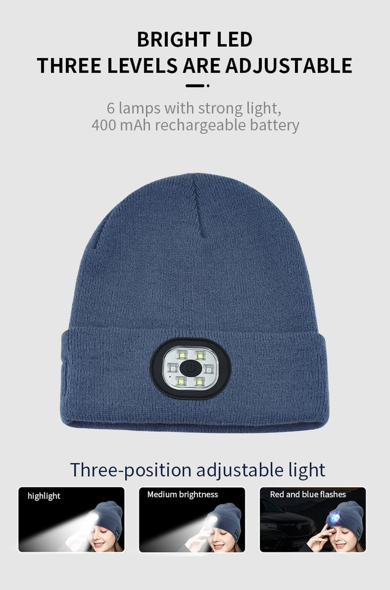 HEYITOP Bluetooth Beanie Hat with Lights,Unisex USB Rechargeable 6 LED Lights Hat,3 Modes (Low, High, Flash),Headlamp Cap with Wireless Headphones Gifts for Men Dad Teen Black image number 5