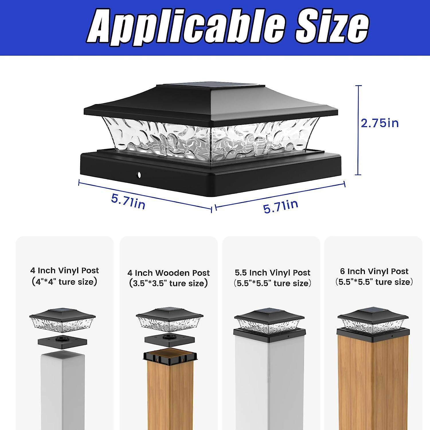 Solar Post Cap Lights 6 Pack, Waterproof Outdoor LED Deck Lights for 4X4, 5X5, 6X6 Wood Fence & Vinyl Posts, 2 Color Modes (Warm/Cool), All-Night Lighting, Auto On/Off