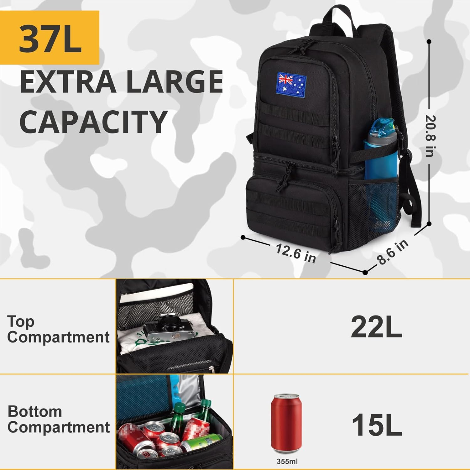 Tactical Double Deck Cooler Backpack for Men,Large Lunch Backpack with 2 Compartment,Soft Cooler Bag Water-Resistant Leak Proof Cooler Bag Beach Picnic image number 4