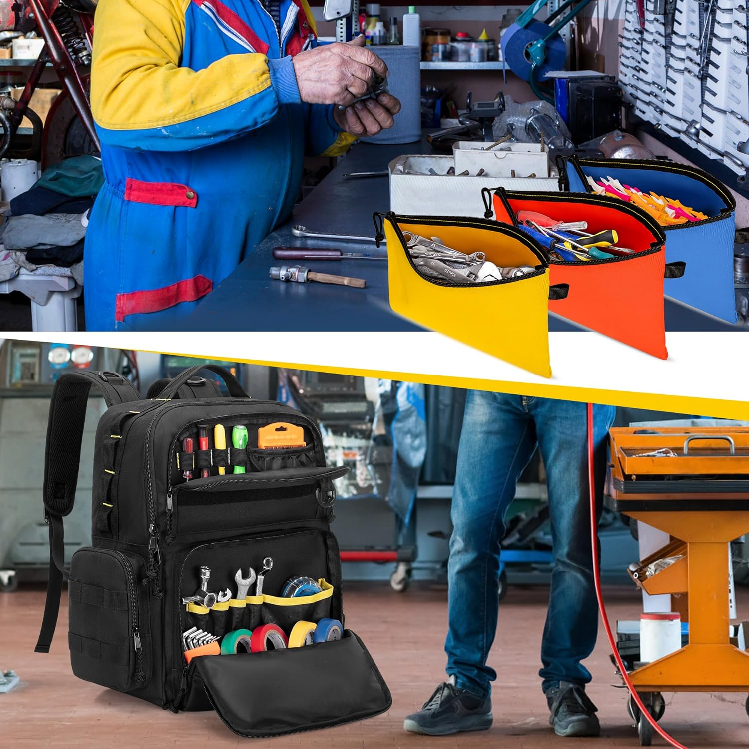 Rexmica Tool Backpack for Men with 3 Small Tool Pockets Organizer Bag for Tool Storage, Tactical Work Tool Bag for Electricians, Craftsmen, Black image number 5