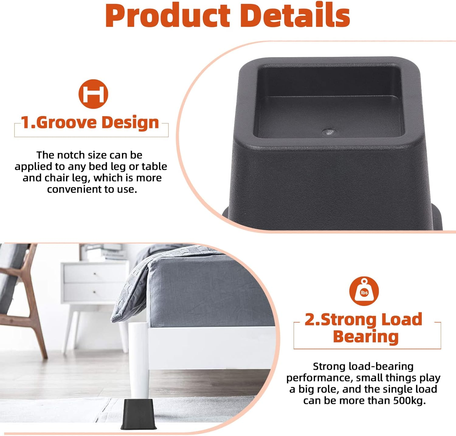 Tanstic 8Pcs Bed Risers Kit, Heavy Duty Bed Elevators in Heights of 4 Inch & 6 Inch, Adjustable Bed Furniture Risers, Bed Lifts Risers for Sofa Table Legs (Black) image number 4