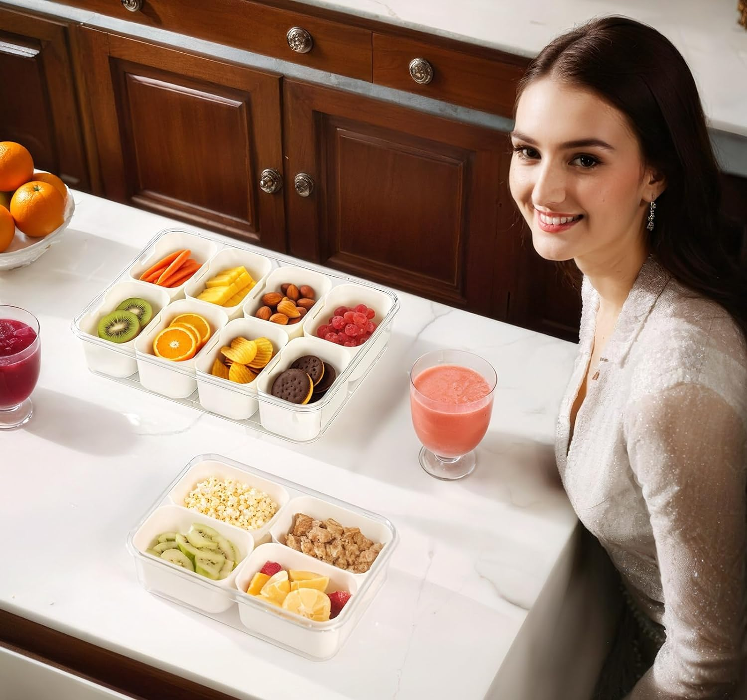 Divided Serving Tray with Lid and Handle - Portable Snackle Box Charcuterie Container, Clear Snack Platter Organizer for Fruits, Candy, Nuts, Snacks - Ideal for Party, Travel & Picnics image number 1