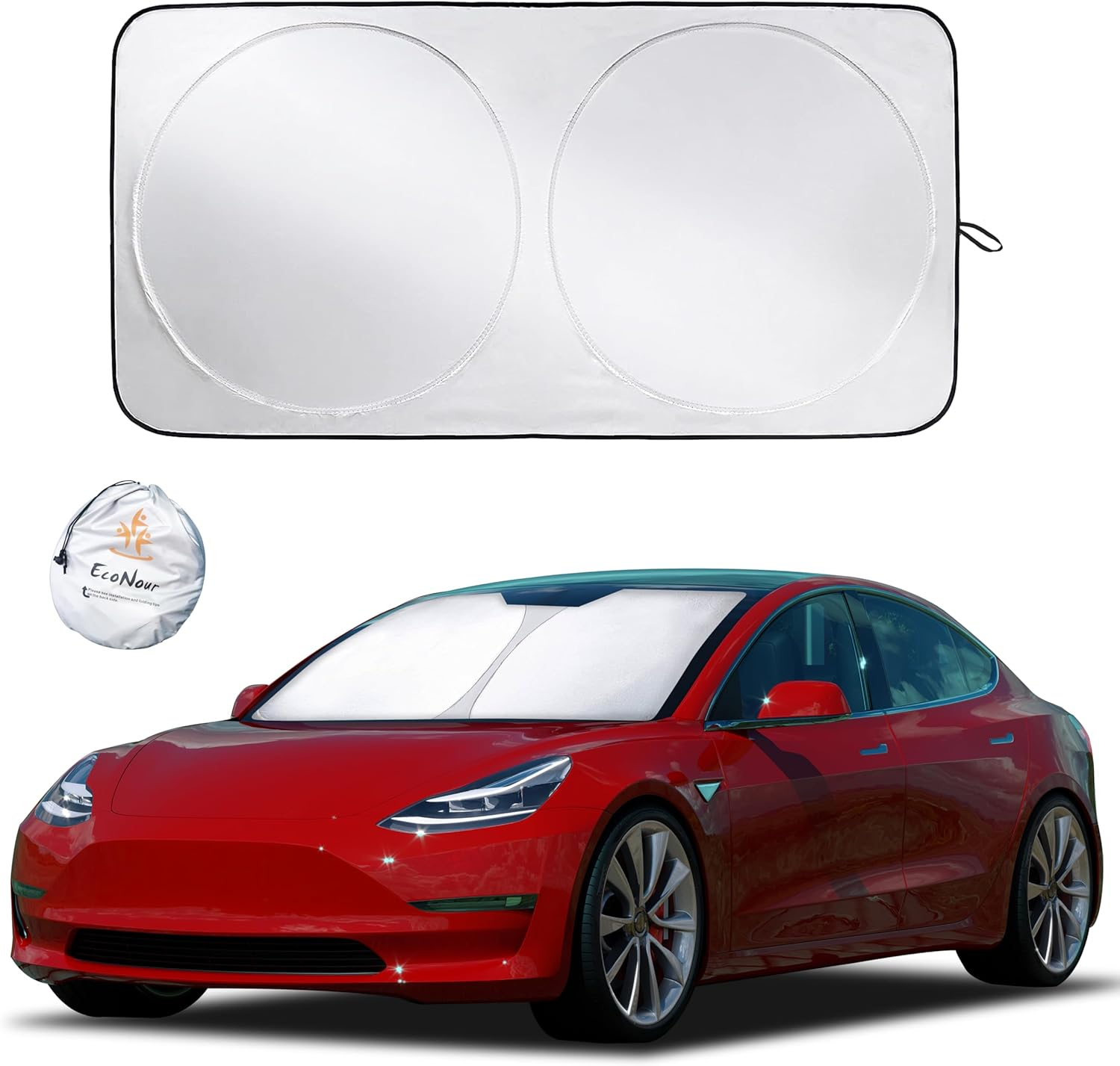 Econour Windshield Sunshade for Car | 240T Polyester Shield for Tesla Model 3 Sunshade | Superior UV & Heat Protection Model Y Sunshade | Car Interior Accessories for Summer