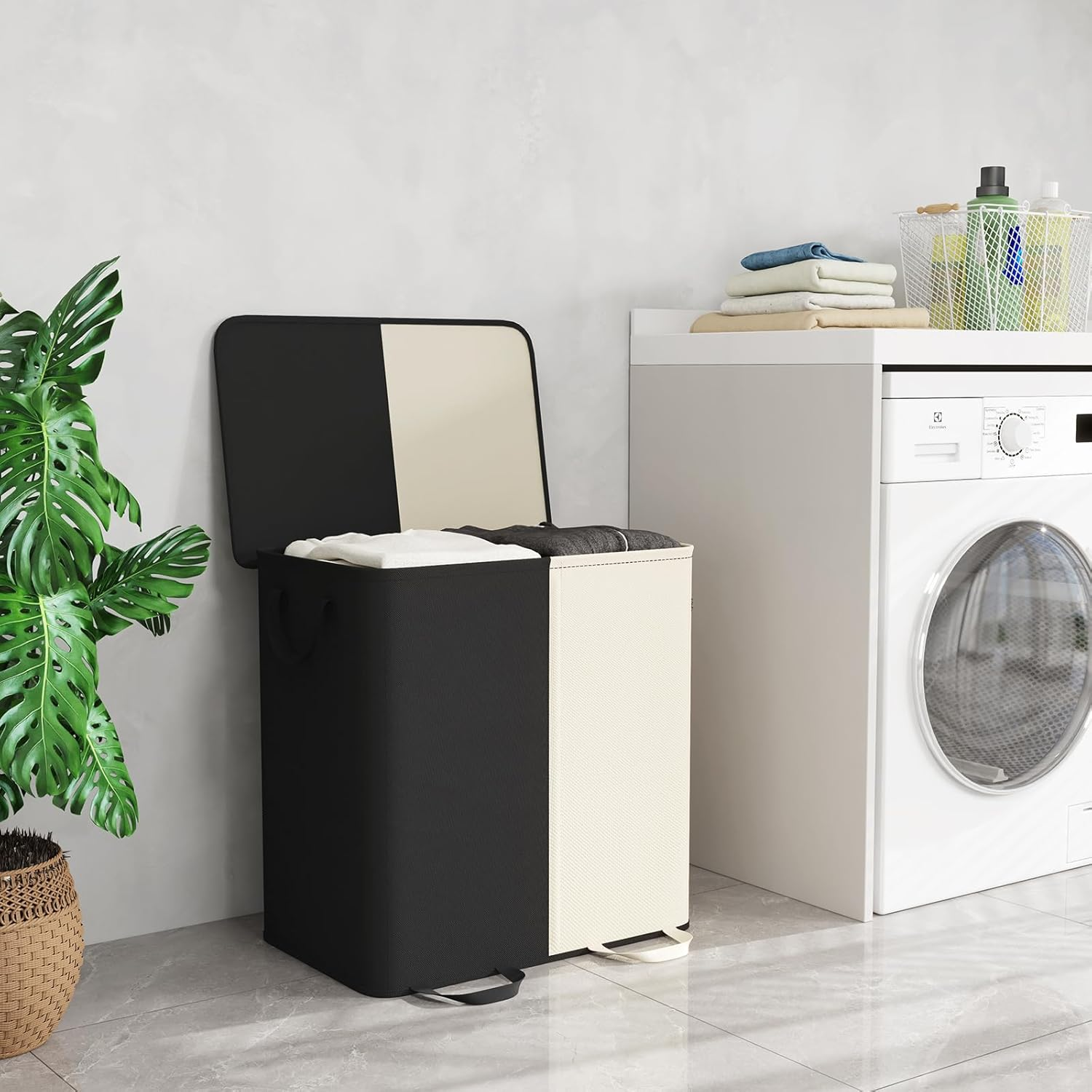 Lifewit Double Laundry Hamper with Lid and Removable Laundry Bags, Large Collapsible 2 Dividers Dirty Clothes Basket with Handles for Bedroom, Laundry Room, Closet, Bathroom, College, Black & White image number 4