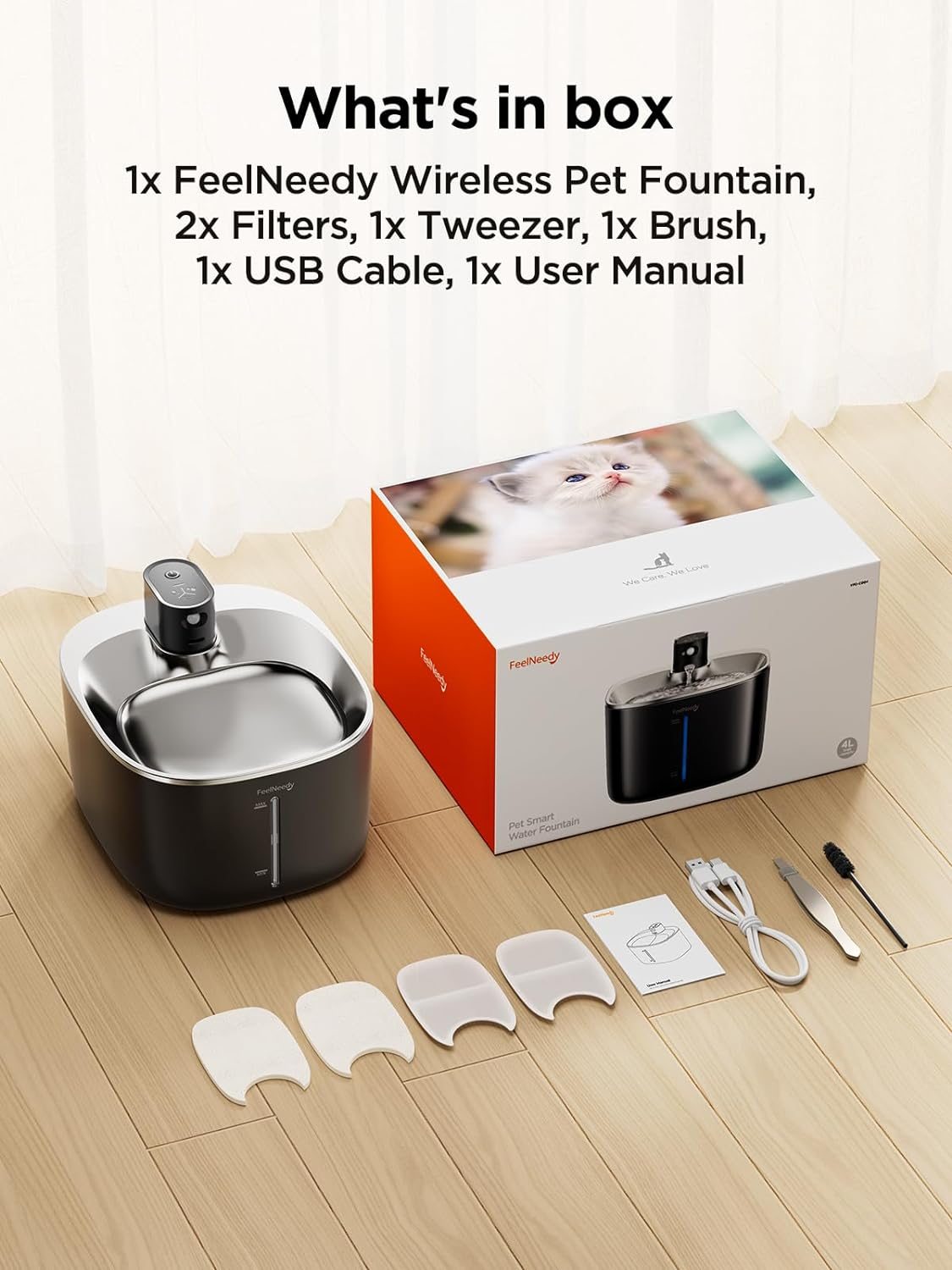 FEELNEEDY 4L Drinking Fountain for Cats Wireless with Sensor Wireless Cat Fountain Stainless Steel with Motion Sensor without Power and Battery 4000 Mah, 3 Modes, Quiet Pump and 2 Filters, Black image number 3