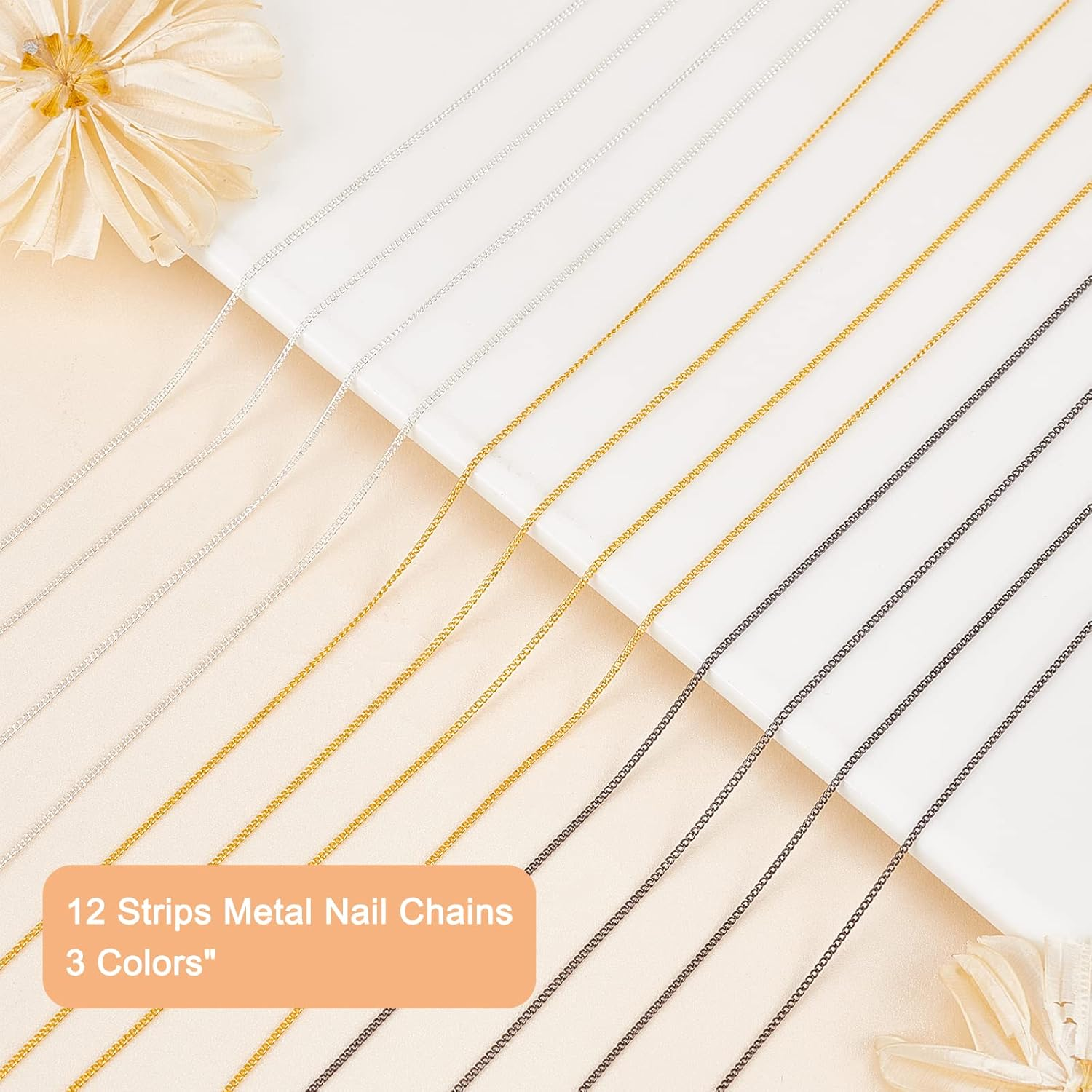 NICENEEDED Metal Nail Art Chains - Jewelry Decorations with Box, 3D Gold, Silver & Black Ornaments, Studs for Manicure & DIY