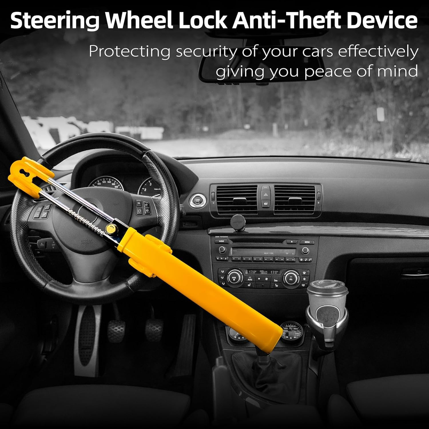KNFRXO Steering Wheel Lock for Car Universal Adjustable Length Anti-Theft Device Car Locks Double Hook Locks for Car SUV Pickup Truck Van(Yellow) image number 5
