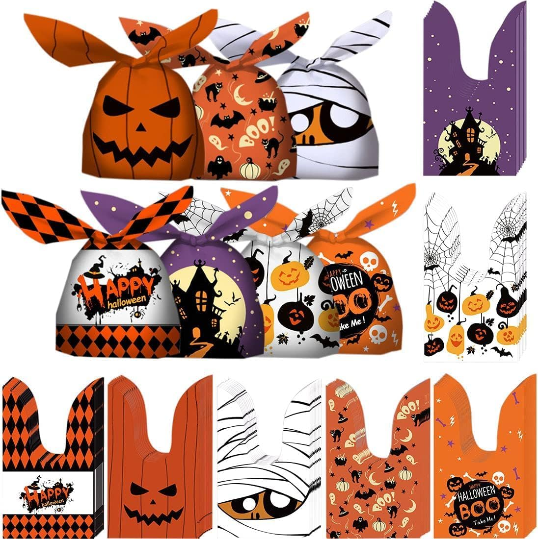 100PCS Halloween Candy Bags, Kids Trick or Treat Bags Goodie Bags, Cute Rabbit Ear Bags Small Halloween Cookies Plastic Gifts Bag for Halloweens Party Supplies image number 6