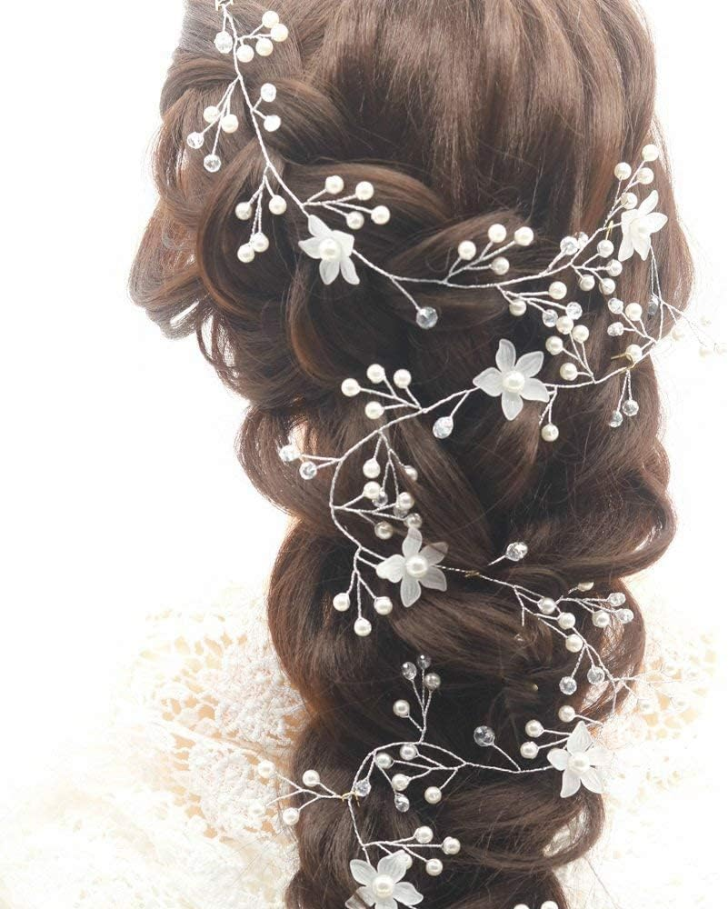 Teyglen Bride Wedding Flower Pearls Long Hair Vine Silver Rhinestone Crystal Beads Hair Vine Headband Handmade Bridal Headpieces Hair Pieces Wedding Hair Accessories Hair Jewelry for Women Girls image number 1