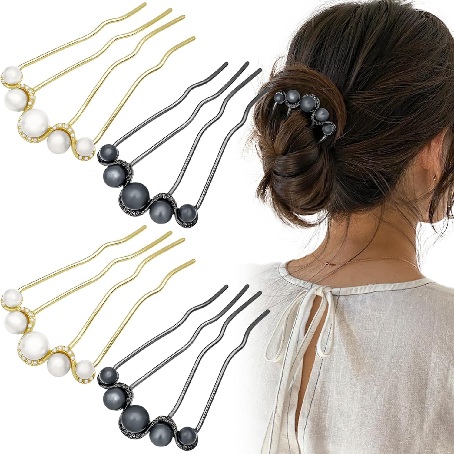 4Pcs Pearls Twist Hair Pins French U Shape Hair Side Combs Metal Hair Fork Decorative Hairpins Updo Hair Sticks Clip Accessories for Wedding Brides Bridal Bridesmaids Women Girls image number 6