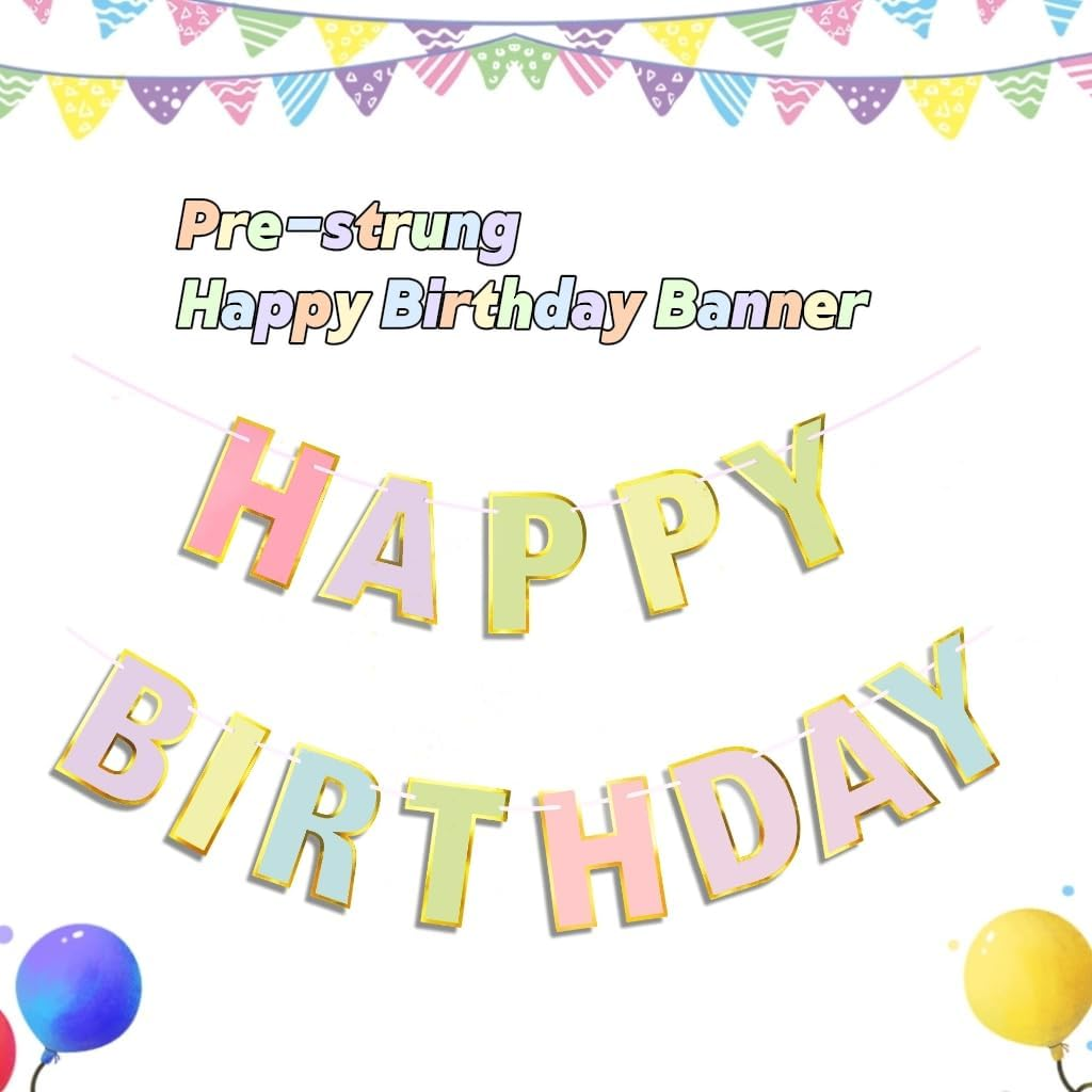 Happy Birthday Banner - 9Ft Pastel Macaron Letter Garland, Pre-Strung No Assembly Party Decor for Women, Men, Adults Celebration, Reusable Wall Hanging Backdrop for Birthday Parties & Special Events image number 2