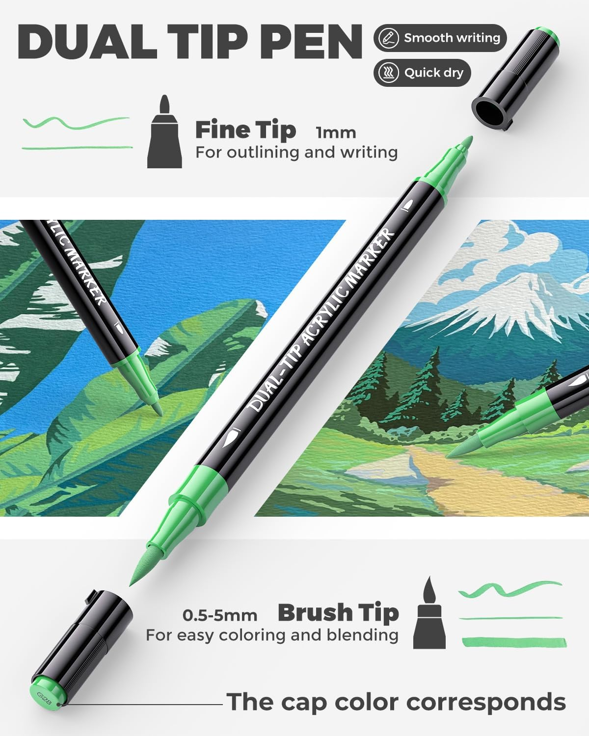 Jusart 36 Colors Acrylic Paint Markers, Dual Tip with Brush Tip and Fine Tip Paint Pens for Rock Painting, Wood, Canvas, Glass, Stone, Ceramic, DIY Crafts Professional Art Supplies with Bag image number 6