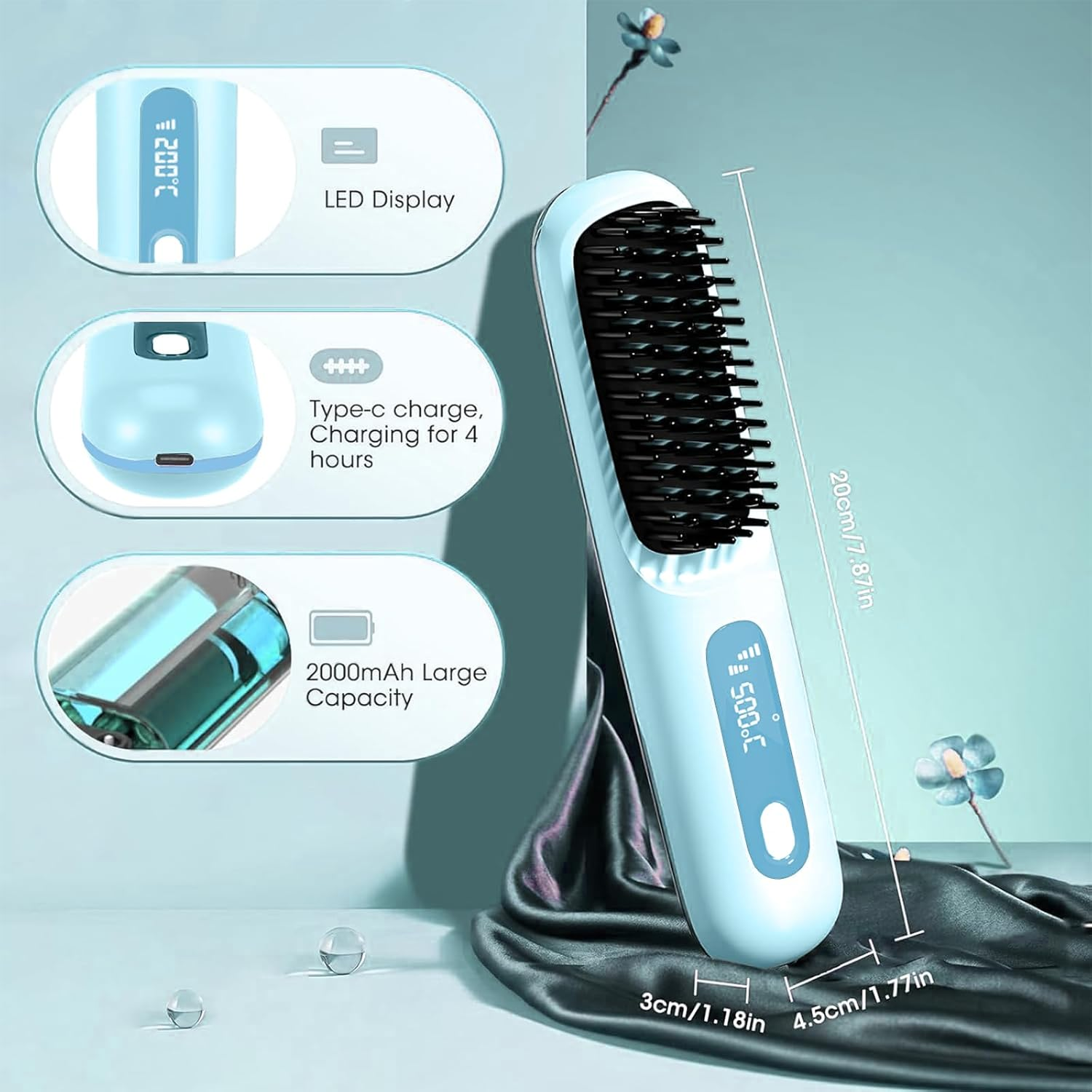 Portable Straightener Brush - Gobrush PRO, Go Brush Pro Straightener Rechargeable & Cordless Mini Hair Straightener Comb,1Pcs,Light Blue (Blue) image number 2
