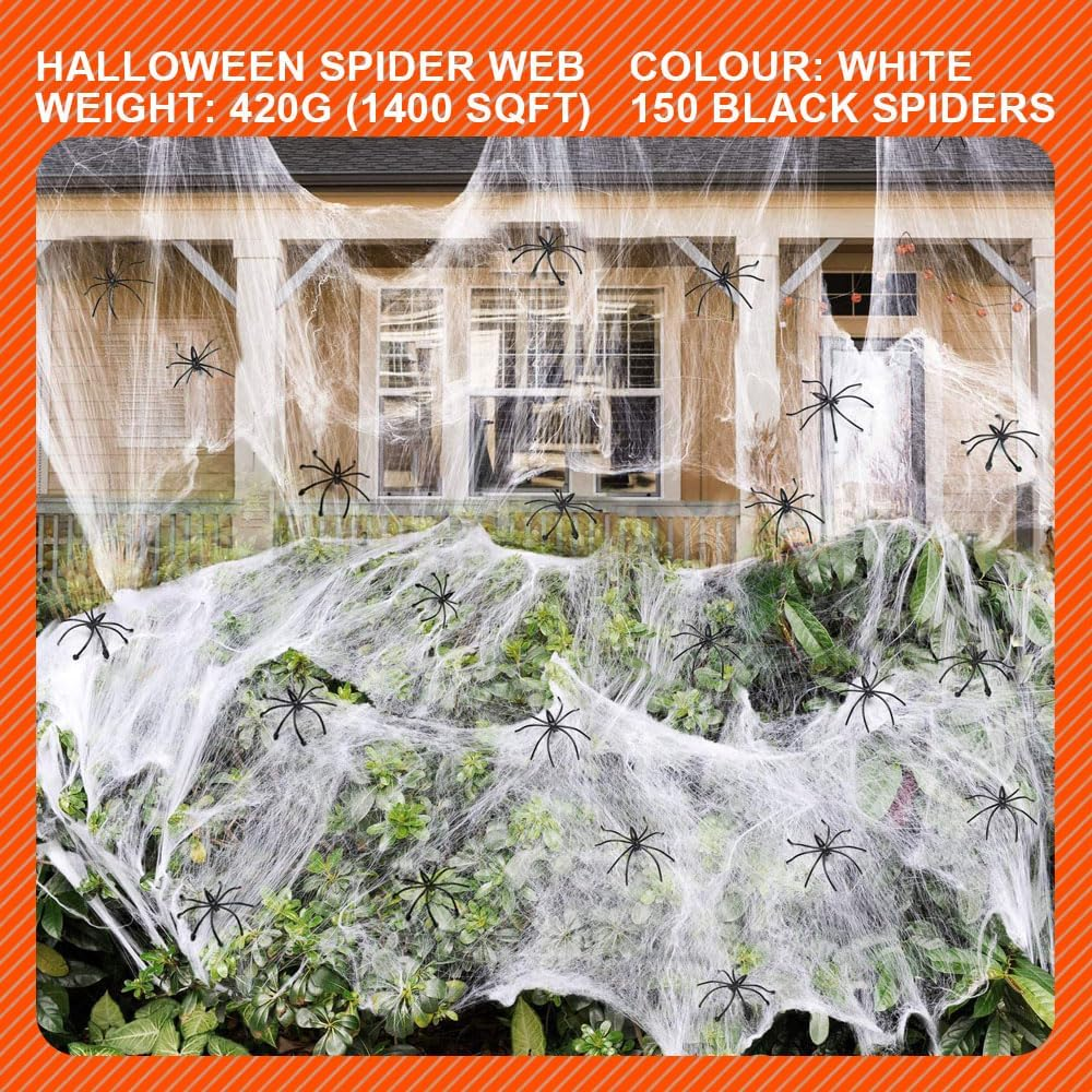 420G Halloween Cobweb Spider Decor 1400Sqft Webs with 150 PCS Spiders, Super Stretchy Spider Webbing with 150 Fake Spiders for Scary Indoor & Outdoor Halloween Decorations image number 5