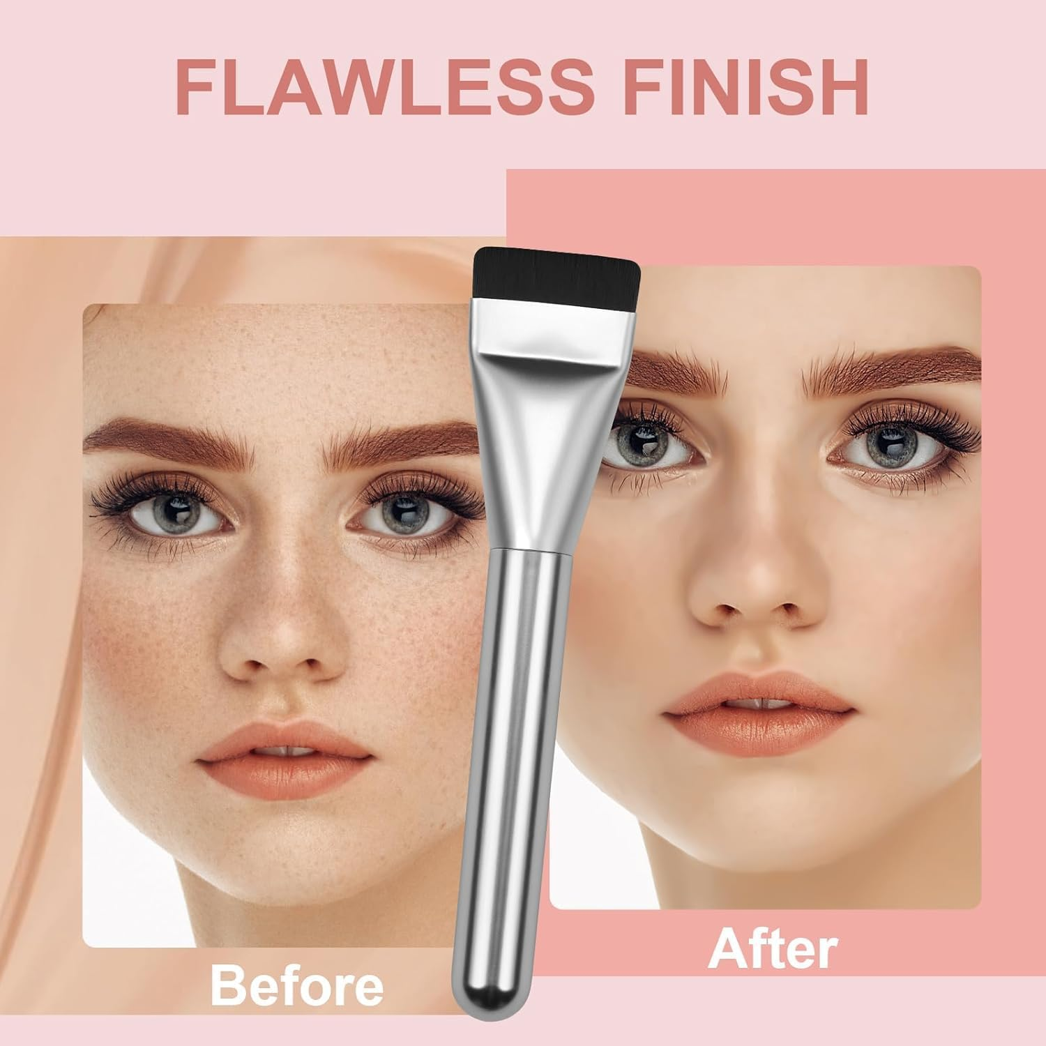 Flat Foundation Brush for Liquid Makeup, with Powder Puff Fast Flawless Flat Top Kabuki Makeup Brushes Face Cosmetics Concealer Brush for Liquid, Blending, Powder, Blush,【 Silver】 image number 6
