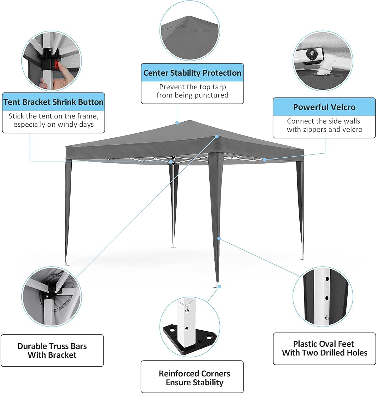 Advwin 2X2 Pop up Canopy, Portable Marquee, Waterproof Commercial Tent, Grey Folding Gazebo for Outdoor Events, Markets, Camping, Beach, Backyard, Festivals - Grey-2X2M image number 6