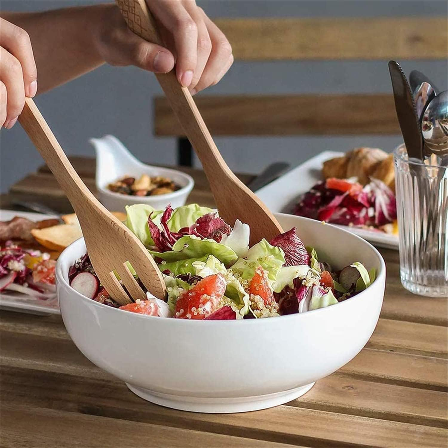 HUIRUMM Large Serving Bowls Set,9" White Serving Bowls, Set of 2 Large Salad Bowls,Ceramic Pho Bowls for Kitchen,Side Dishes, Pasta, Dinner Parties, Kitchen Decor, Microwave & Dishwasher Safe image number 6