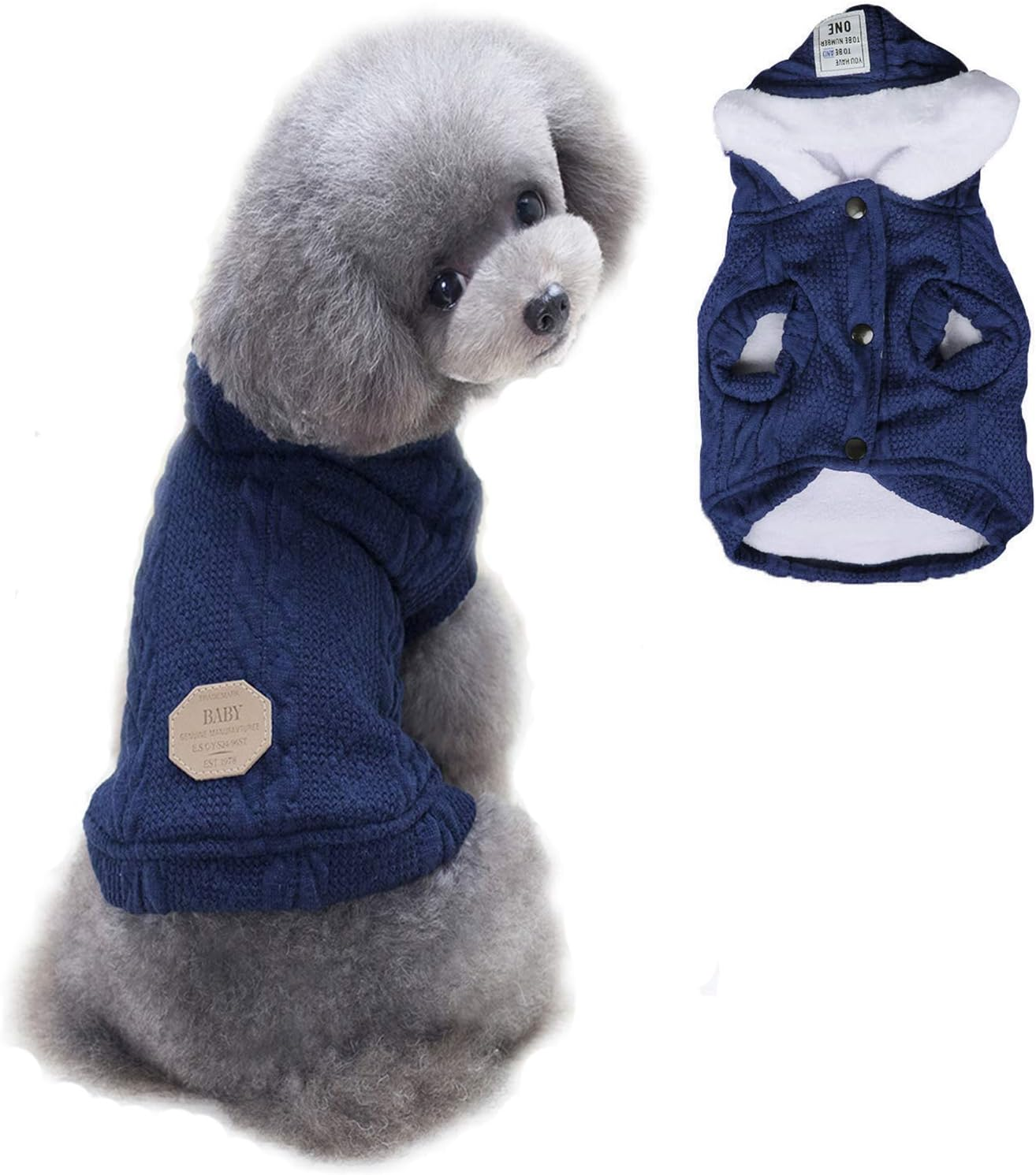 Dog Sweater, Bwealth 2 Layers Fleece Lined Warm Dog Clothes - Classic Knitted Winter Small Dog Jumper Coat - Pet Apparel Jacket Dog Sweaters for Small Dogs Cats Puppy Boy Girl (Medium, Dark Blue)