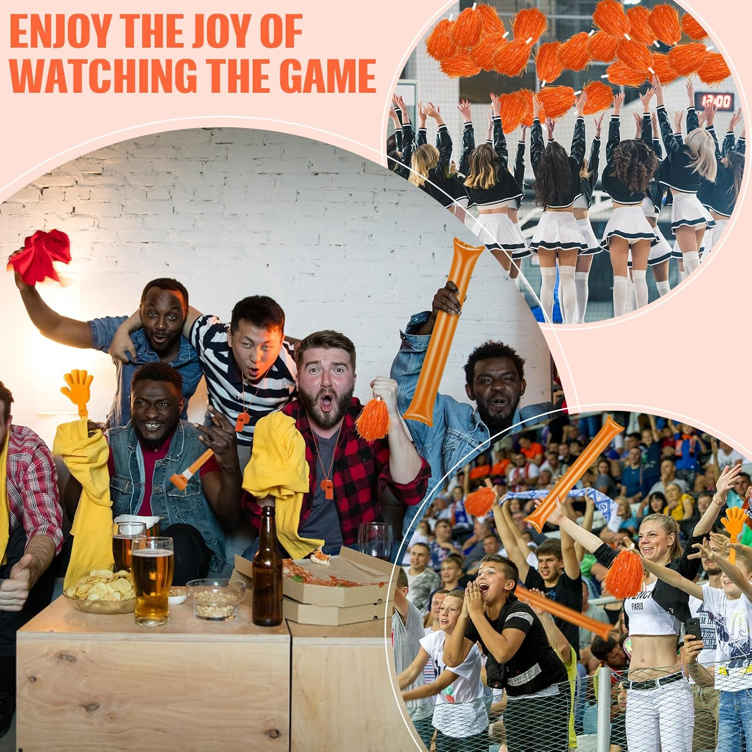 48 Pcs Cheerleading Pom Poms Thunder Sticks Hand Clappers Plastic Whistles with Lanyards Squawker Horns image number 3