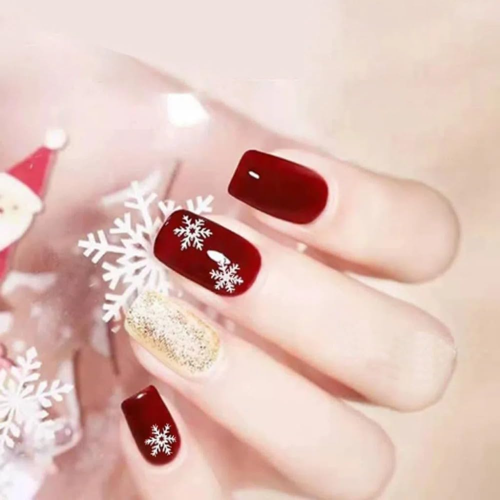 Ztcily Christmas Short Square Red and Gold False Nails with Glue for Women Girls Accessories or Gift Idea for Christmas New Year image number 3