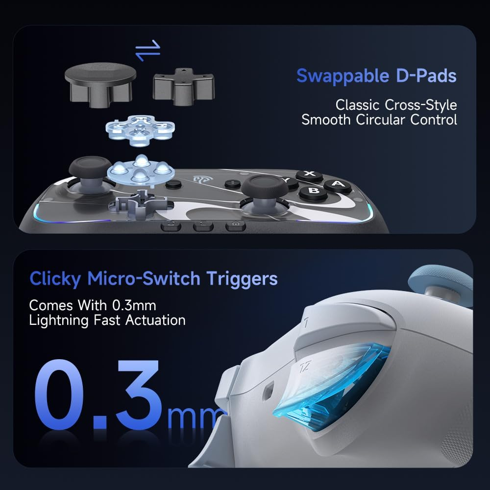 2025 New S10 Controller for Switch 2/Pc-One Key Wake-Up, TMR Anti-Drift Joystick, Mechanical Buttons, 6 Axis Gyro, Bluetooth Switch Controller with RGB & Swappable D-Pad (White) - White image number 4