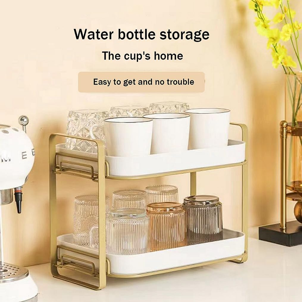 2-Tier Kitchen Cup Shelf ,Dish and Bowl Storage Organizater, Water Cup Glass Cup Coffee Cup Mug Cup Stemware Cup Storage Rack,Cupboard Cabinet Countertop Tray Household Vegetable Drain Rack (White) image number 1