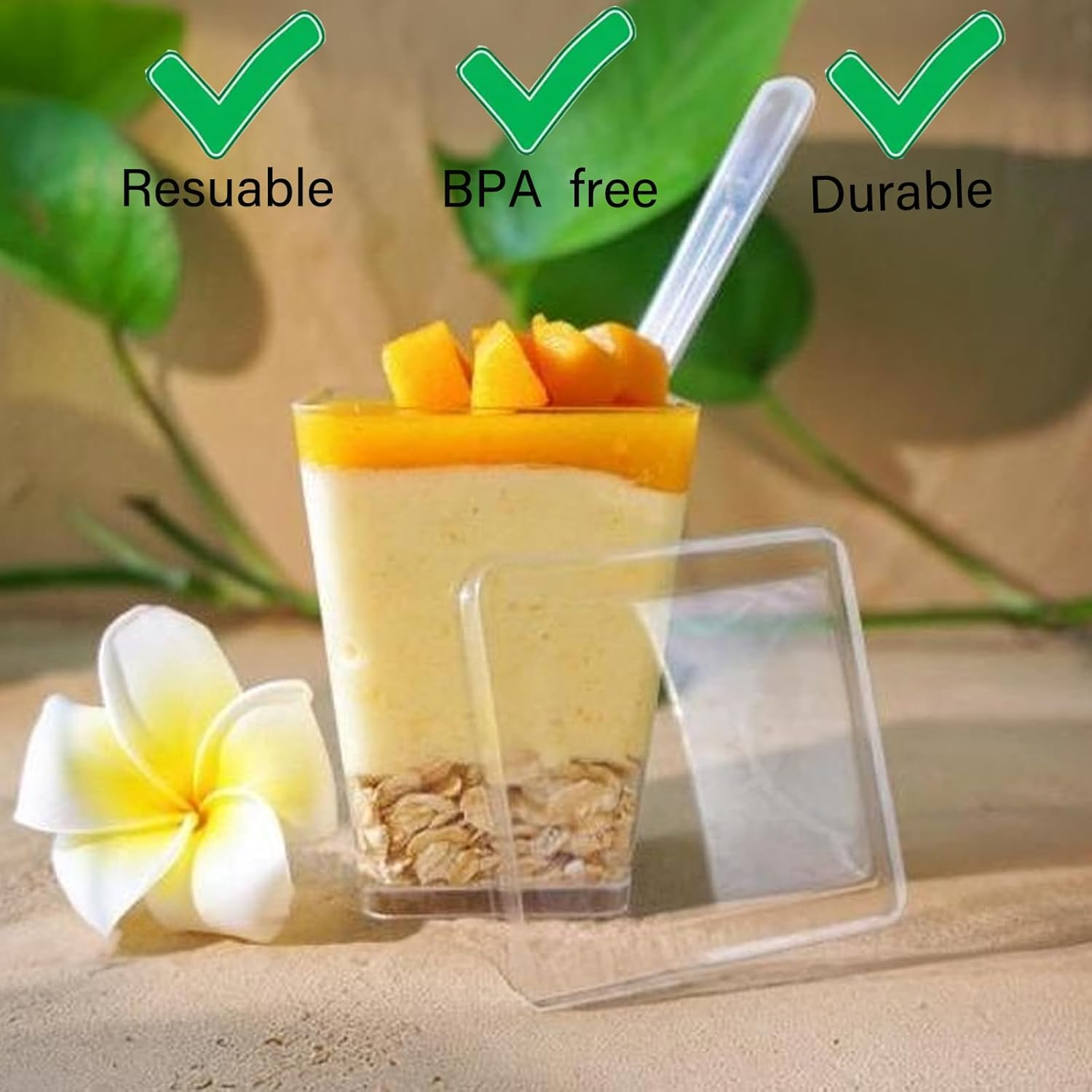 Toowood 100Pcs Clear Dessert Cups with Lids and Spoons, 5.4Oz Dessert Cups, Mini Dessert Cups Reusable Square Parfait Cup for Party Appertizer, Christmas image number 1