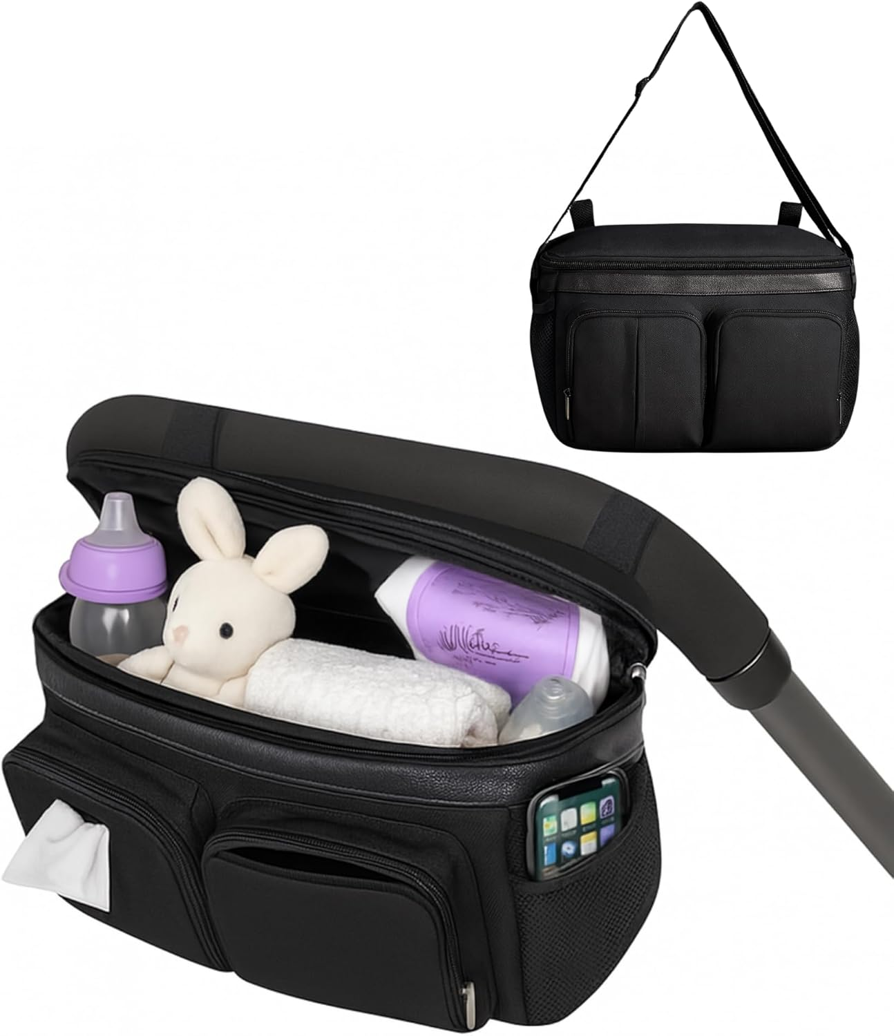 Universal Pram Caddy Stroller Organizer with Cup Holder, Phone Holder, Detachable Strap &ndash; Large Capacity, Fits Umbrella, Jogging, Bassinet, Compact & Wagon Strollers &ndash; Registry Must Haves image number 4