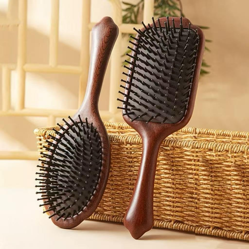Paddle Hair Brush, Wooden Hair Brush, Hair Brush Set with Air Cushion, Spa Comb, Reduces Frizz, Massages Scalp, Comb for Women and Men, for Straight Curly Wavy Curly Wet and Dry Hair, Thick or Fine Hair (Elliptical)