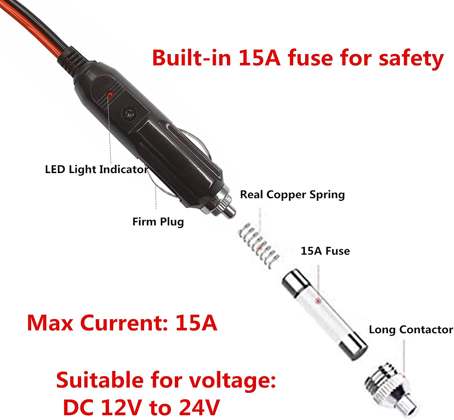DC 5.5 X 2.1Mm Connector Car Charger Power Supply Cord 10Ft - 12V 24V Cigarette Lighter Male Plug with LED Light 16AWG Wire 15A Fuse for Portable DVD Player, Car, Camera image number 2