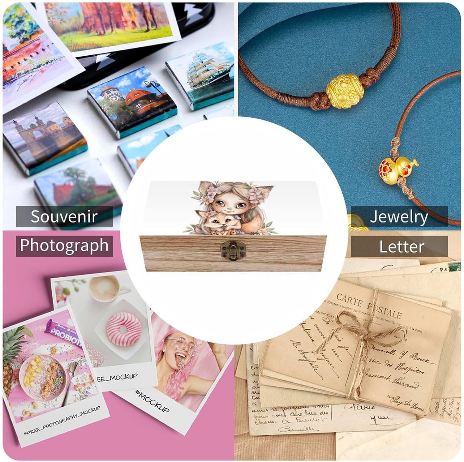 Fox and Girl Wooden Box Wood Wedding Keepsake Boxes with Lids Small Decorative Boxes Lightweight Wooden Memory Storage Box for Crafts Keepsakes Jewelry Photo Letter Storage image number 6