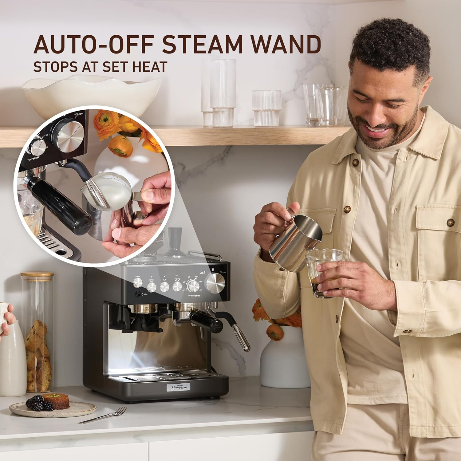 Sunbeam Origins Sense Espresso Machine | 4 Steam Settings with Tempsense Steam Auto Shut Off, Coffee Machine Anti-Static Technology for Less Mess Grinding, One-Button Cleaning, Graphite EMM6500GR image number 4