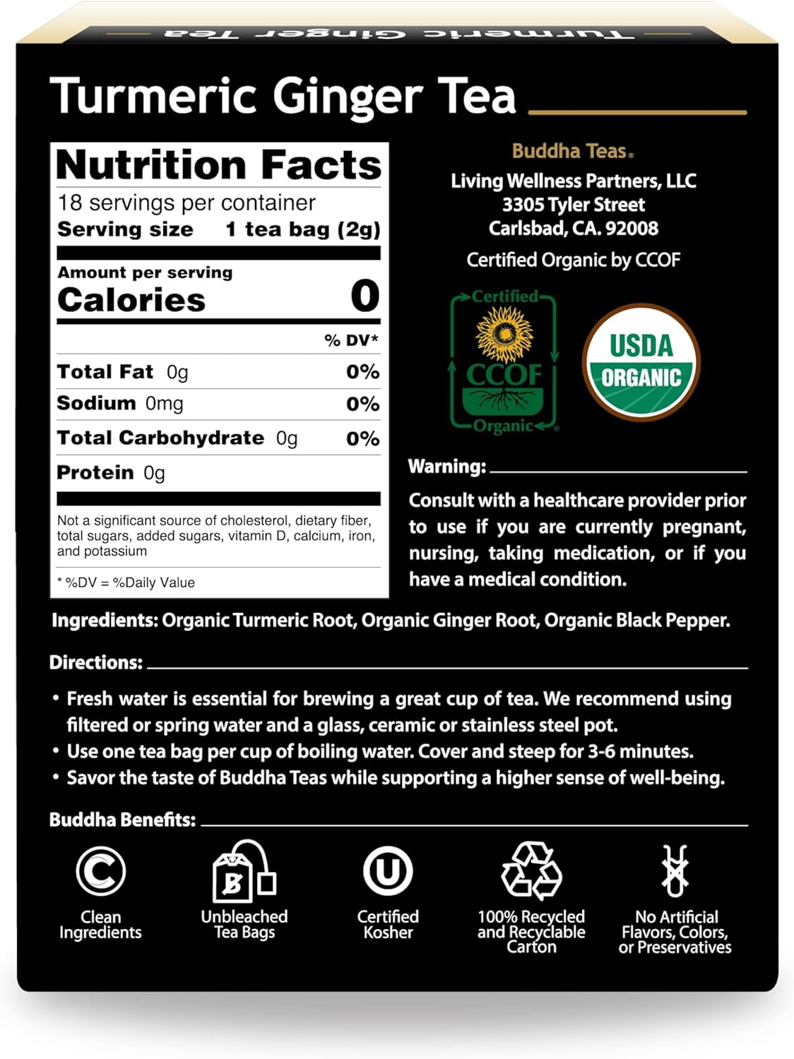 Buddha Teas Organic Turmeric Ginger Herbal Tea 18 Teabags image number 1