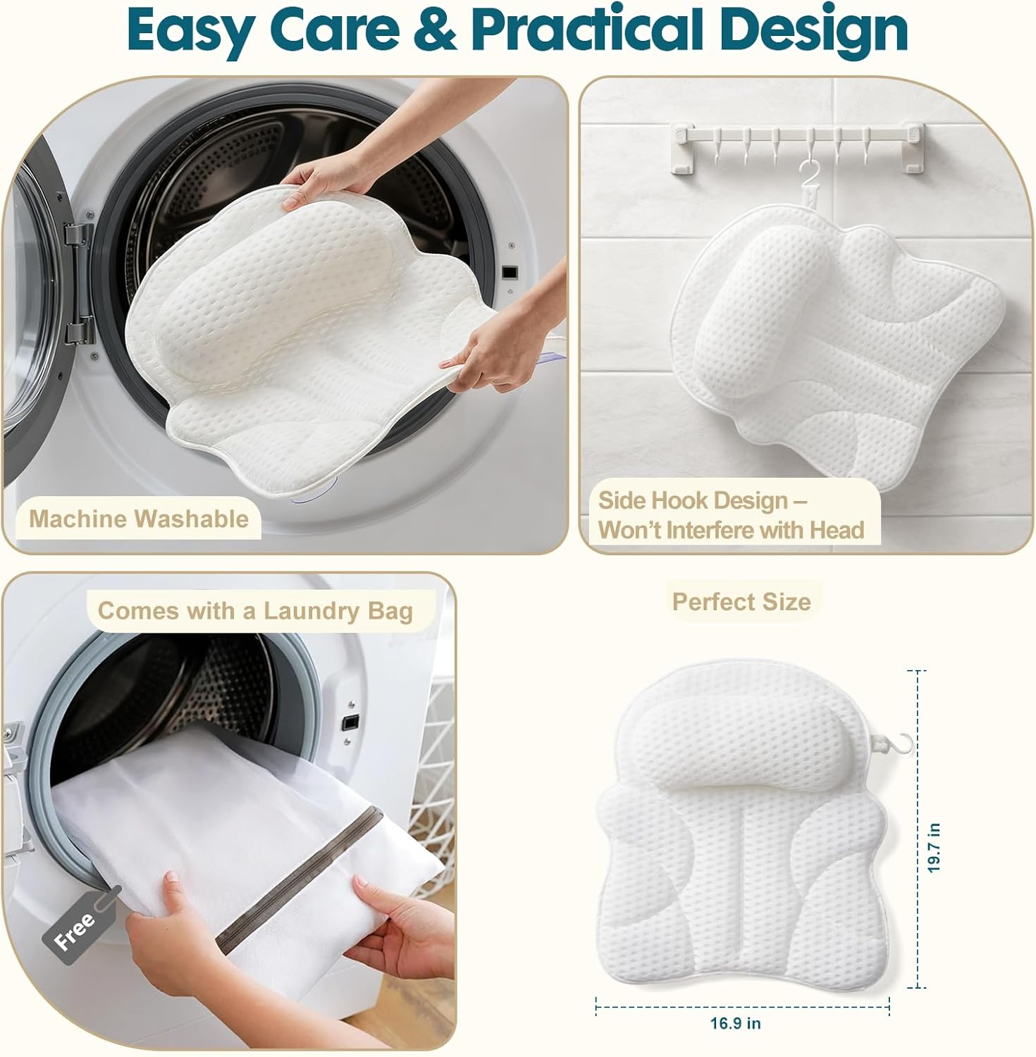 Bath Pillows for Tub &ndash; 4D Air Mesh Bathtub Pillow with Head, Neck & Shoulder Support, Larger Size Non-Slip Tub Pillow for Bathtub & Jacuzzi, Bath Tub Pillow with Wash Bag, Gift for Women & Men