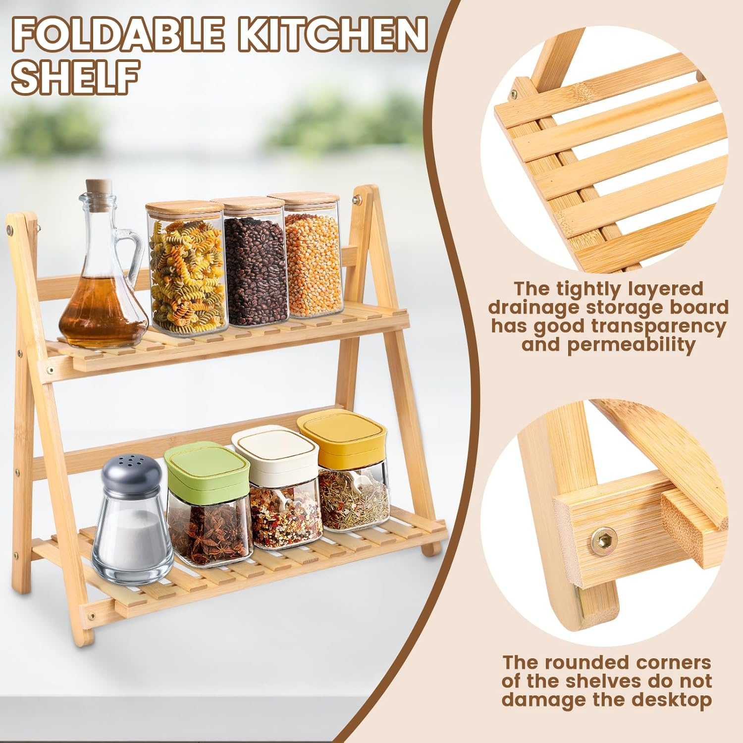 Fwqofvk Coffee Station Organizer for Countertop, Bamboo Kitchen Counter Shelf, 2 Tier Countertop Organizer, Spice Rack for Kitchen, Home, Office (Burlywood) image number 3