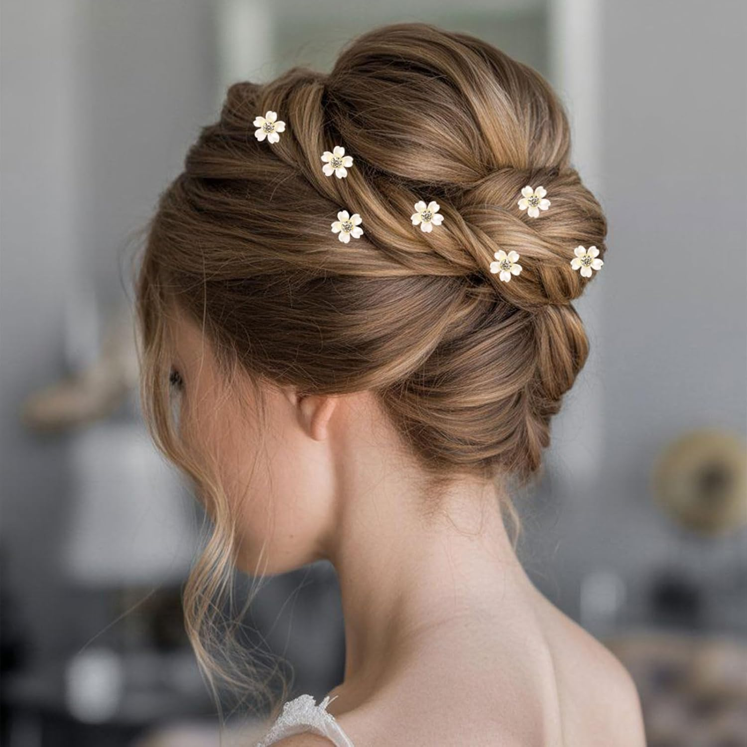 Muorruo 20 Pieces Mini Hair Clips, White Flower Hair Clips with Rhinestones, Cute Flower Girl Hair Decorations, Hair Clips for Weddings, Bride Hair Pins (White) image number 5