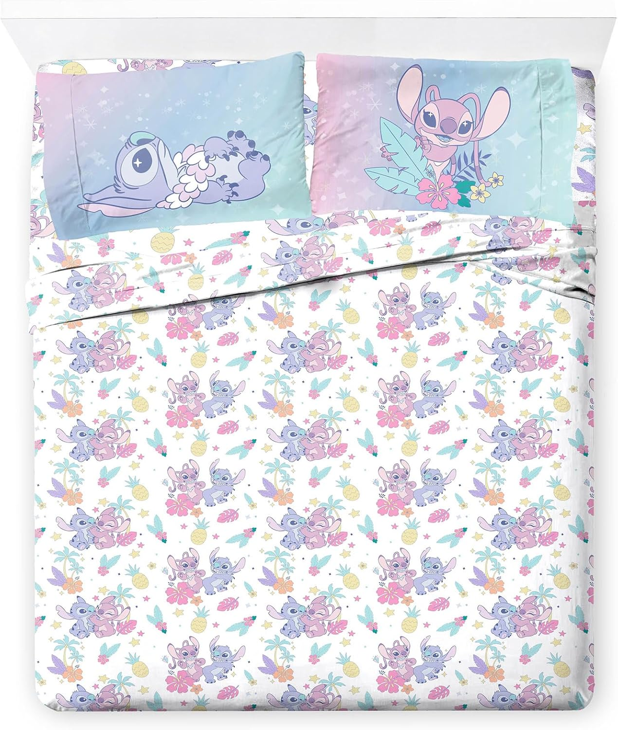Jay Franco Disney Lilo and Stitch Twin Size Sheet Set - Super Soft Kids 3 Piece Floral Bedding Set Features Angel - Microfiber Sheets Includes Reversible Pillow Cover
