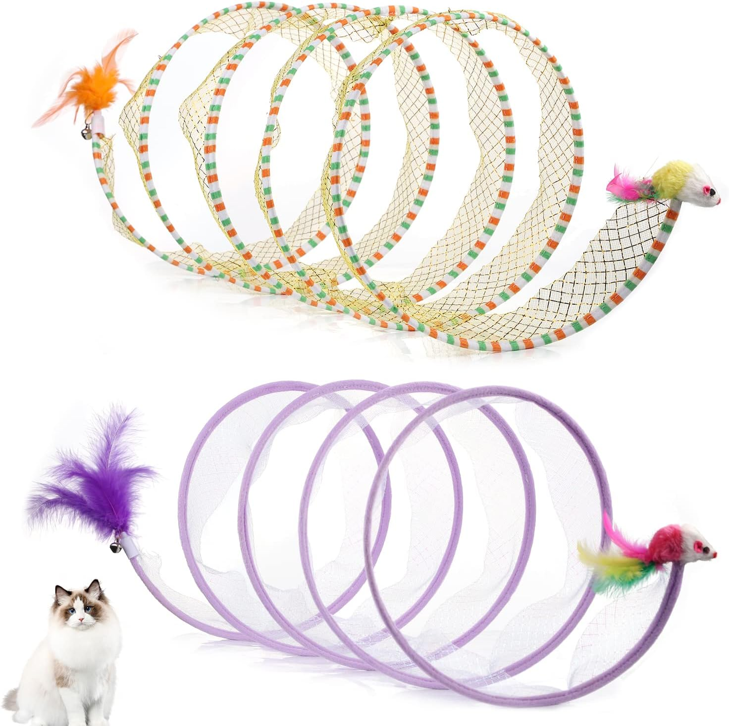 2Pcs, Folded Cat Tunnel Spring, 10In Large Size Portable Cat Toy Spiral Tunnel, with Synthetic Feather and Toy Mouse Tunnel Spring Outdoor Puppy Kitten Generic (Striped Yellow, Purple)