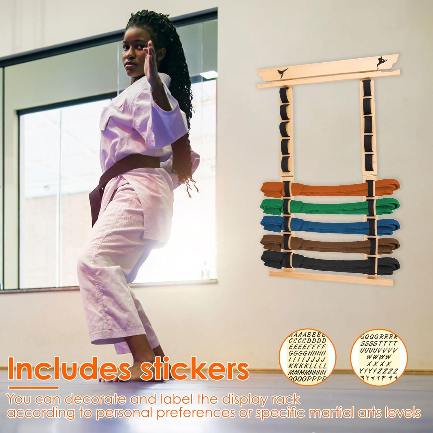 Fwqofvk 10 Tiers Wood Karate Belt Display Rack with Medal Hanger and Stickers, Easy Hanging Taekwondo Belt Display Holder for Kids and Adults image number 5