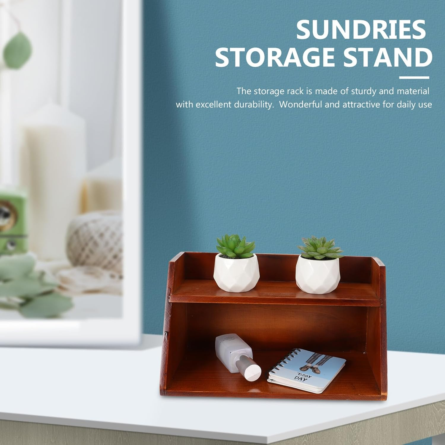 Anneome Wall-Mounted Wooden Storage Rack, Multifunctional Desk Organizer for Sundries, 2-Tier Vintage Style Makeup and Office Storage Holder, image number 5