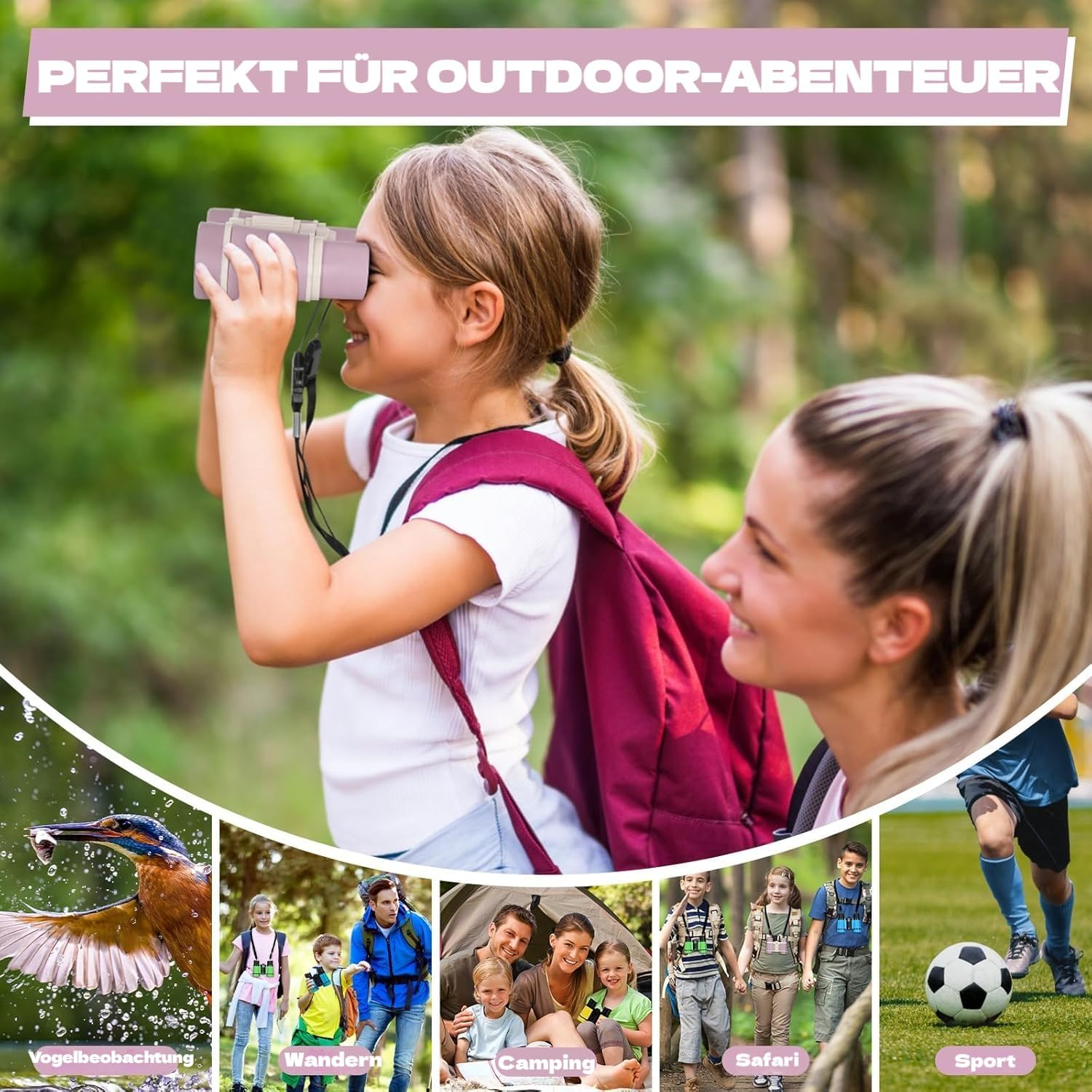 Binoculars for Children, Children'S Binoculars Toy for 3 4 5 6 7 8 Years Boys and Girls Set with Magnifying Glass & Compass - Birthday Gifts Outdoor Toy for Children Aged 3-8 Years (Pink) image number 2